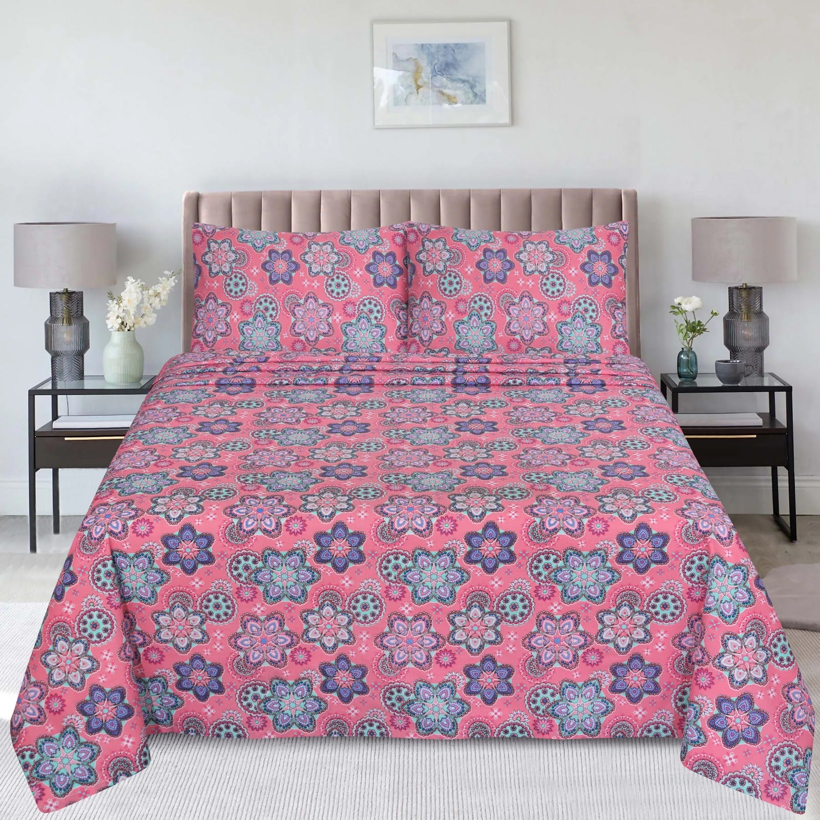 Elegant Mandala Pink Cotton Bedsheet Set-BS02
