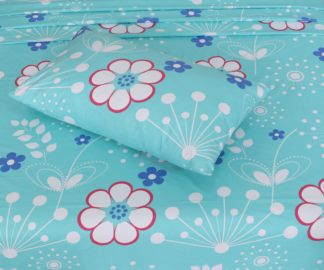 Fresh Aqua Blue Floral cotton Bedsheet Set-BS05