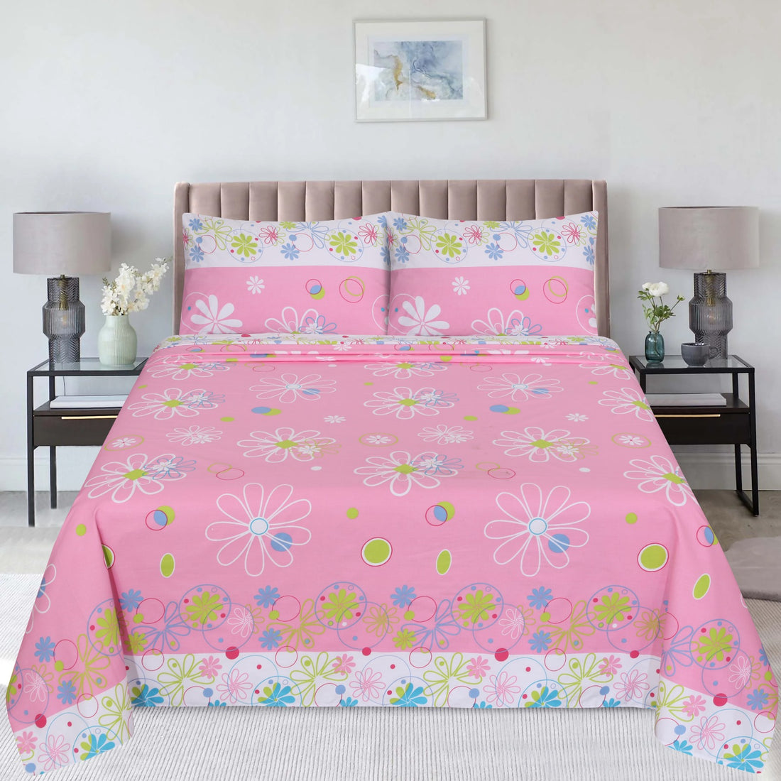 Elegant Floral Pink Cotton Bedsheet Set-BS03