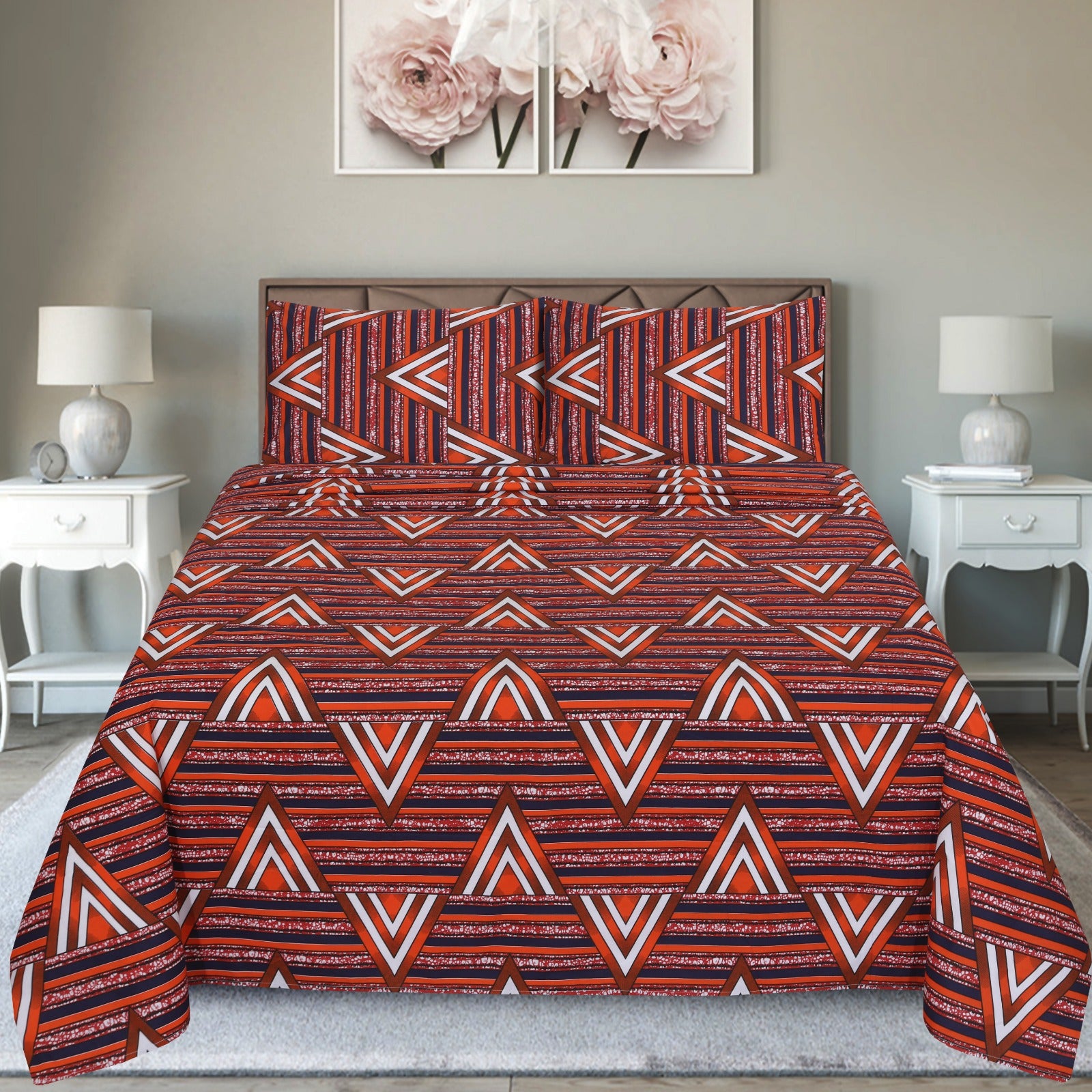 Crimson Geometric Elegance – cotton Bedsheet Set-BS11