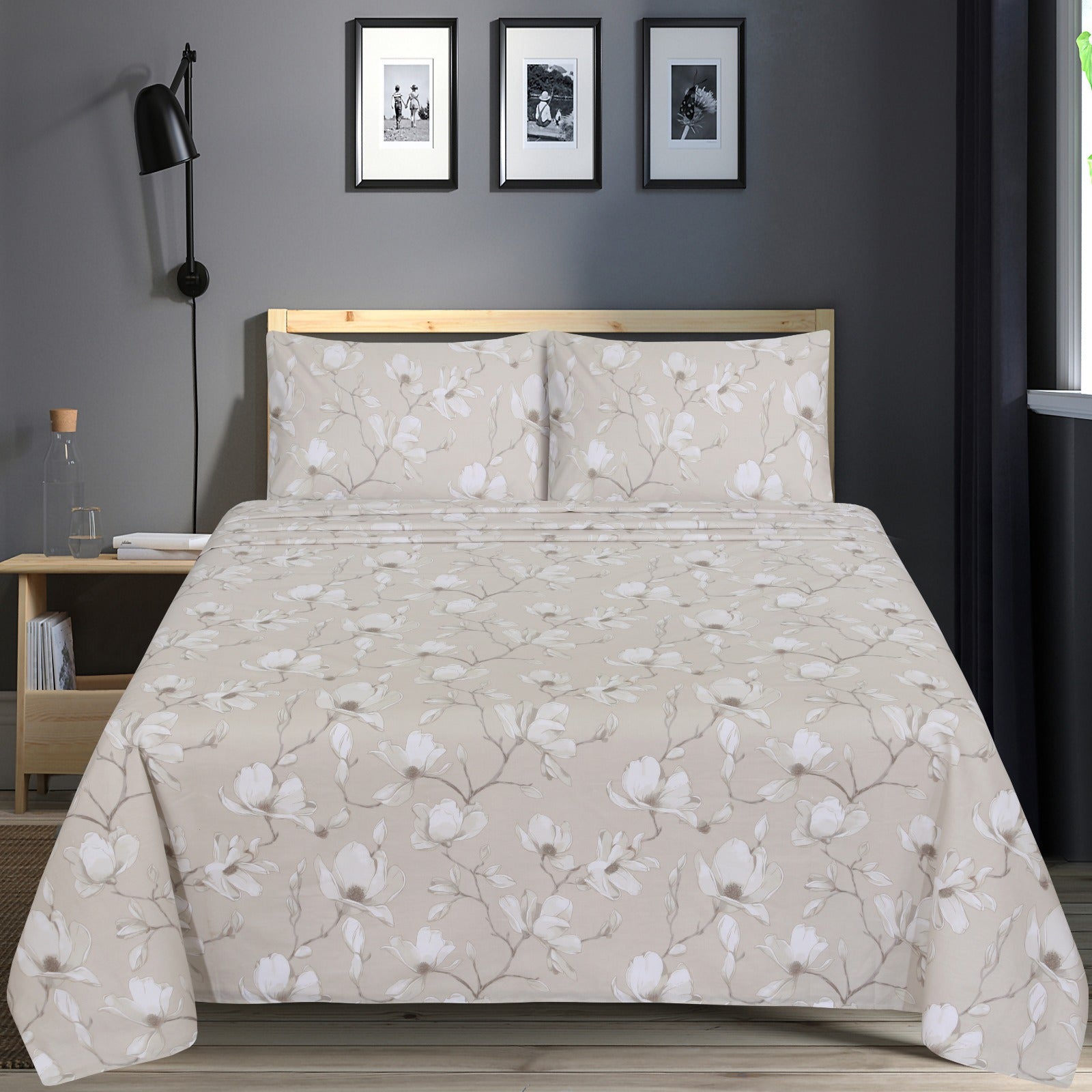 Elegant Beige Floral cotton Bedsheet Set-BS12