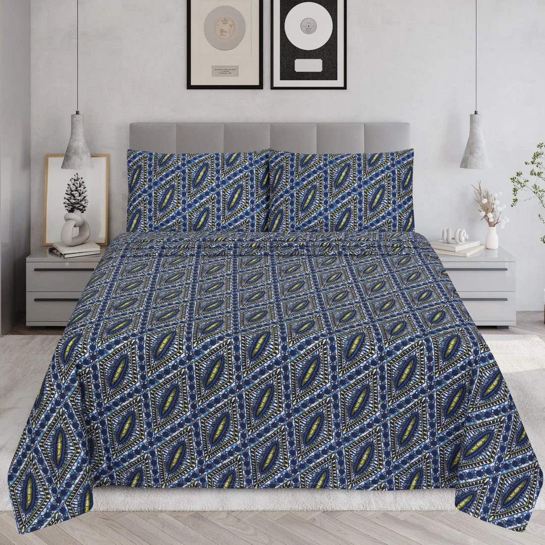 Majestic Blue Diamond Pattern – cotton Bedsheet Set-BS13
