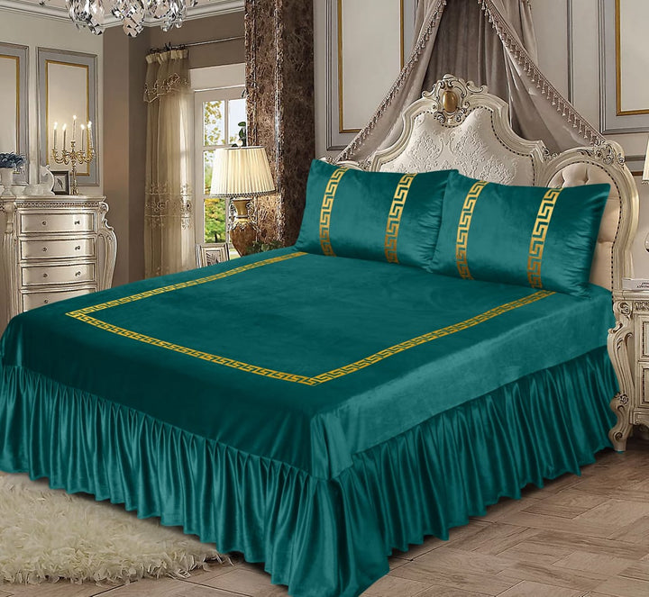 Luxury Velvet Teal Bed Sheet Set with Golden Border 01