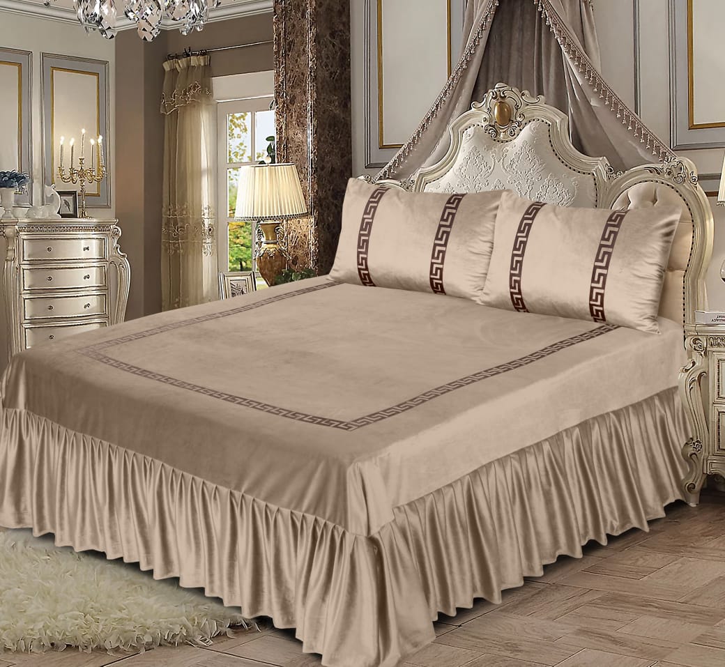 Luxury Velvet Beige Bed Sheet Set with Golden Border 04