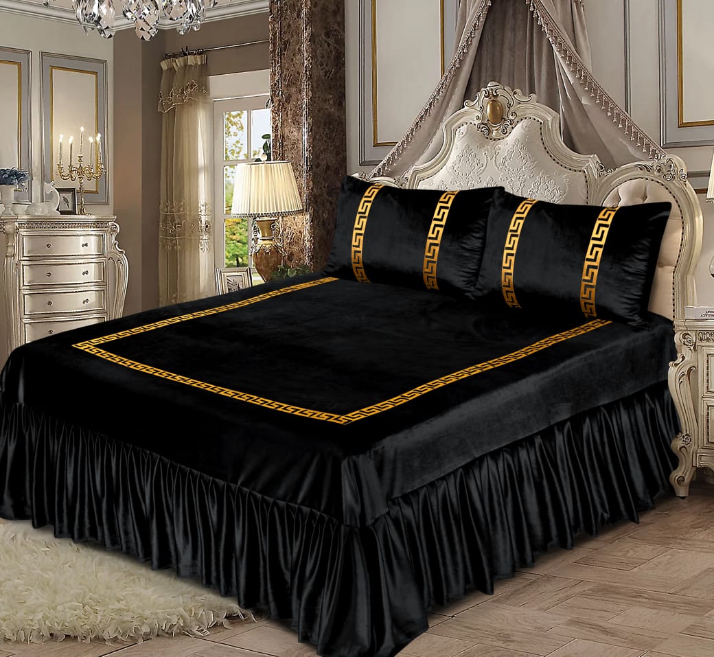 Luxury Velvet black Bed Sheet Set with Golden Border 07