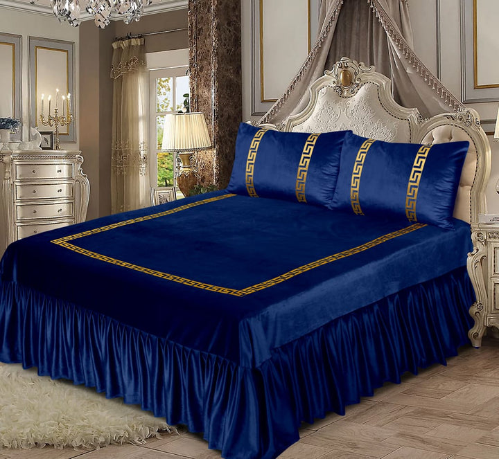Luxury Velvet Royal blue Bed Sheet Set with Golden Border 09