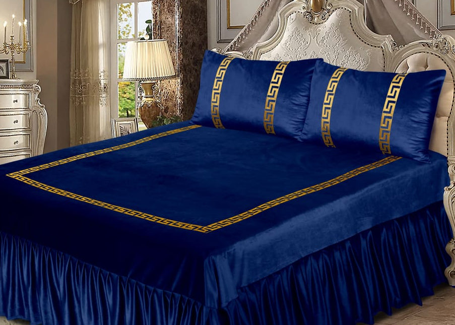 Luxury Velvet Royal blue Bed Sheet Set with Golden Border 09