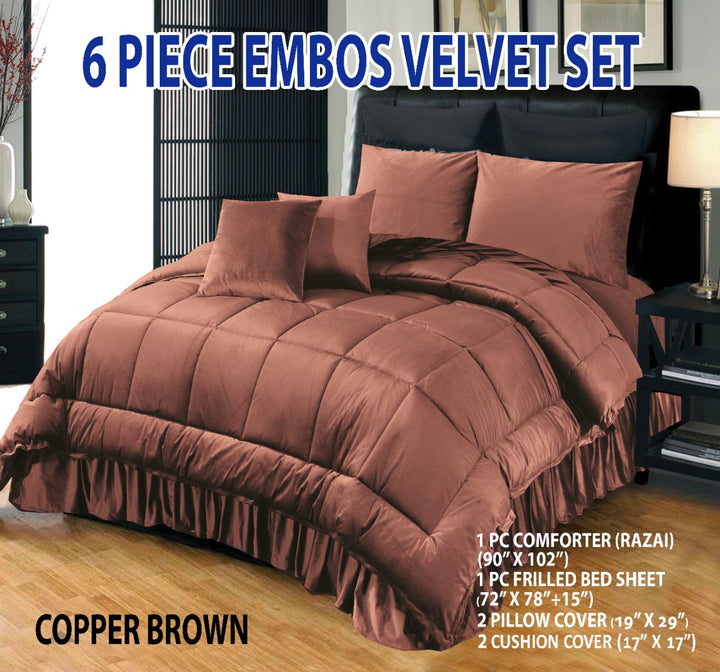 Copper Brown 6 PCS  Embossed Velvet Bedding Set – 01
