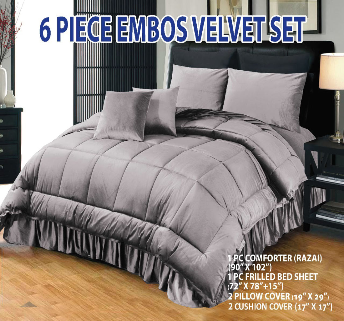 Grey  6 PCS  Embossed Velvet Bedding Set – 04