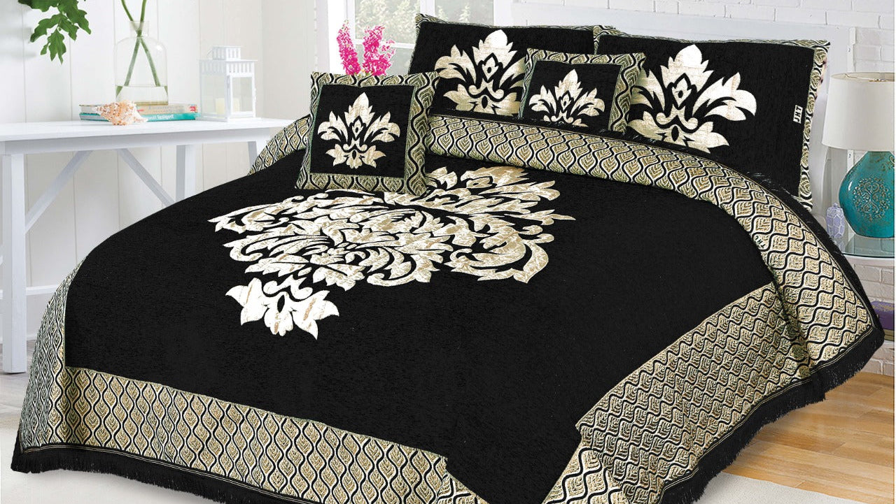 Black Crown Velvet Jacuard Bedsheet Set - 02
