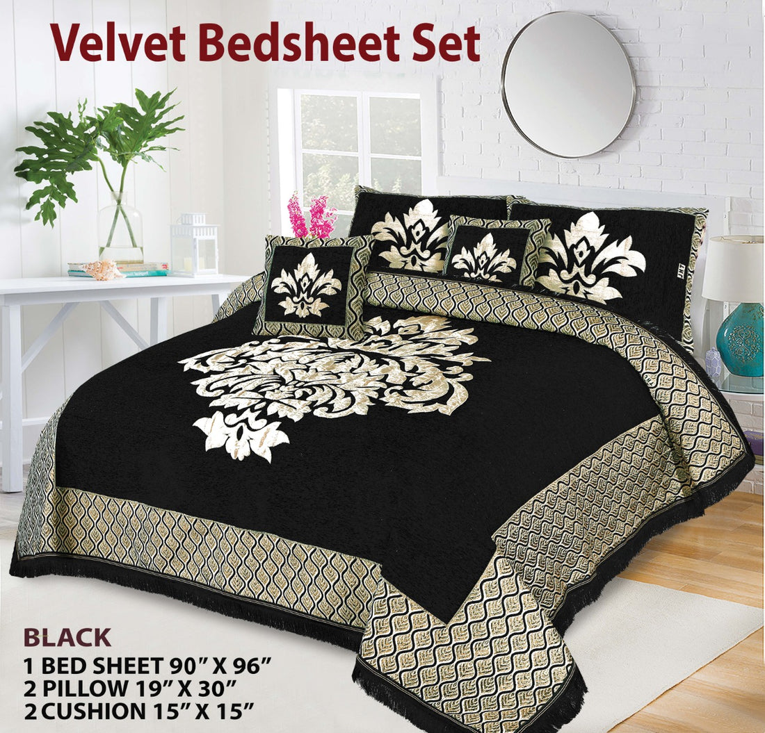 Black Crown Velvet Jacuard Bedsheet Set - 02
