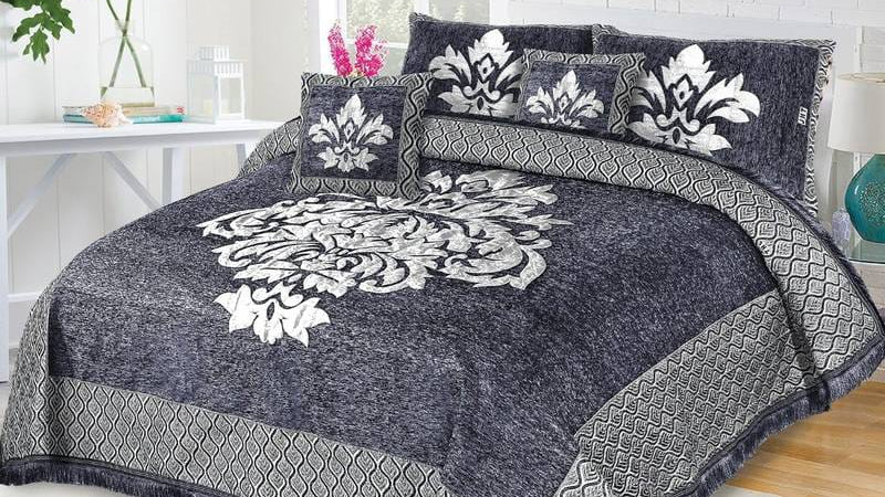 Grey Crown Velvet Jacuard Bedsheet Set - 05