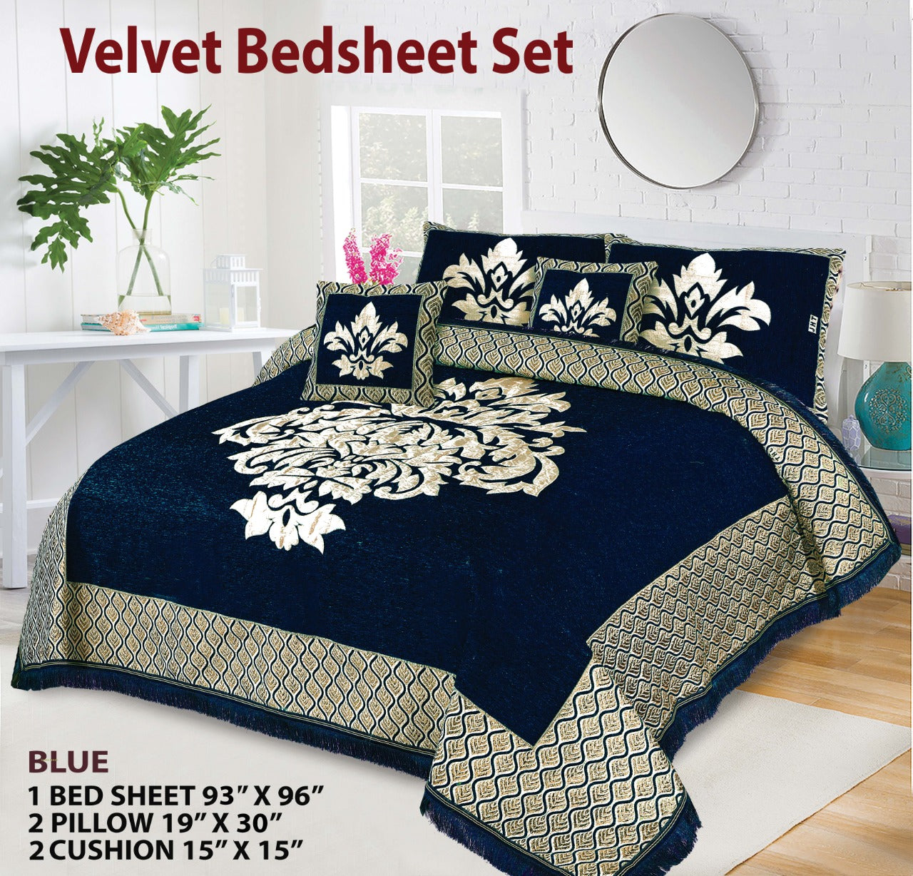 Blue Crown Velvet Jacuard Bedsheet Set - 04