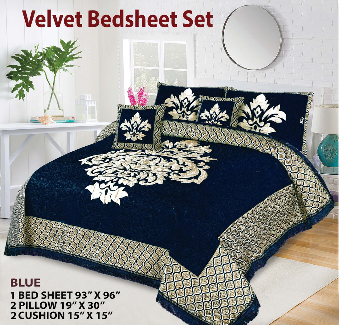Blue Crown Velvet Jacuard Bedsheet Set - 04