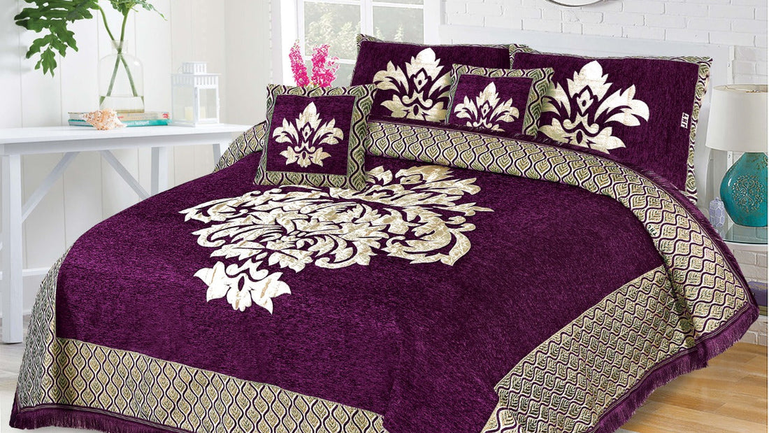 Purple Crown Velvet Jacuard Bedsheet Set - 08