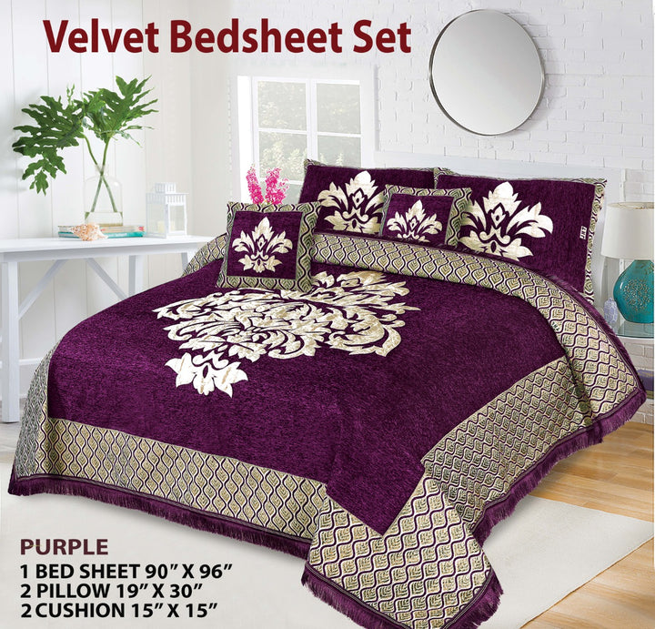 Purple Crown Velvet Jacuard Bedsheet Set - 08