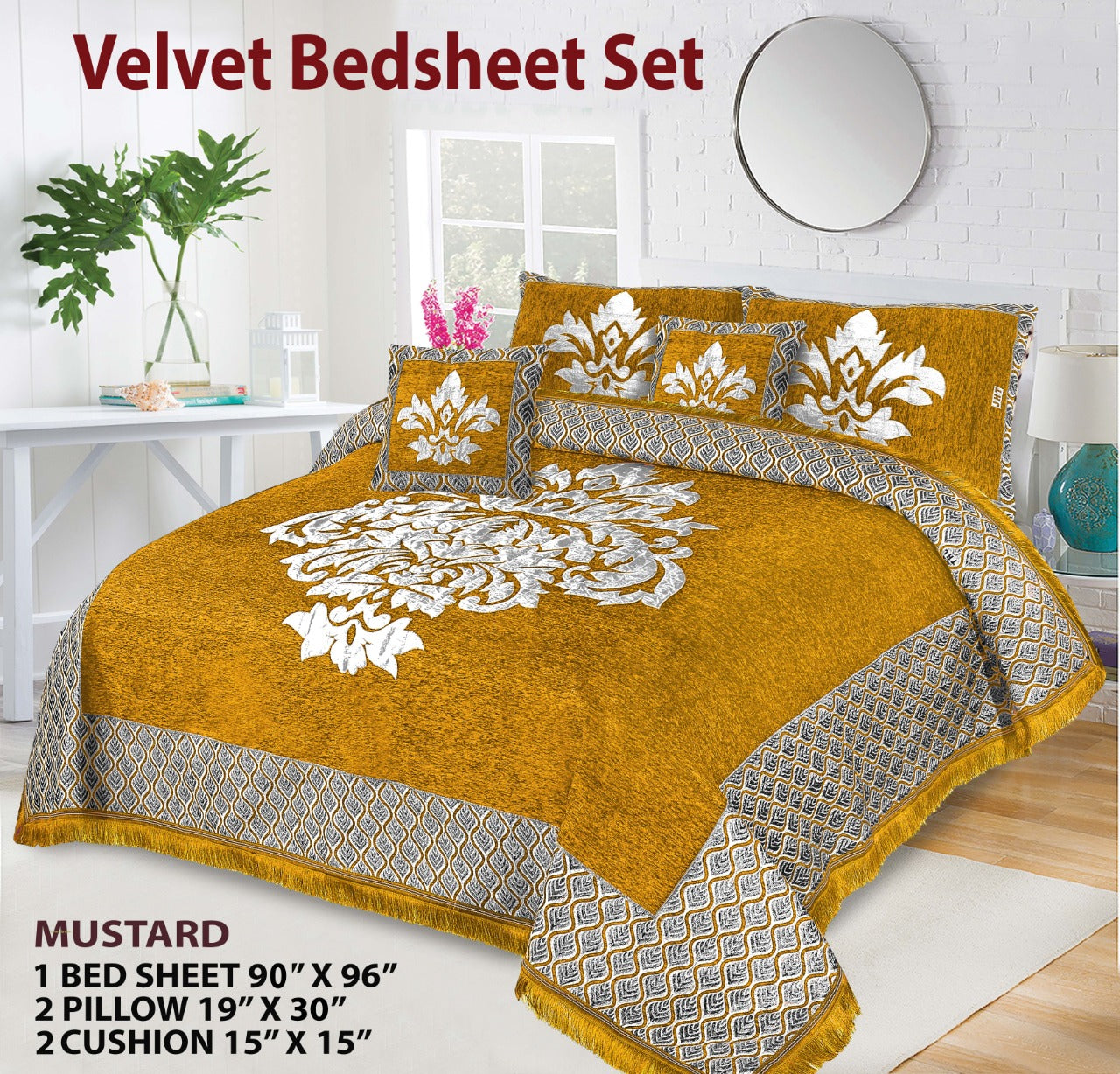 Mustard Crown Velvet Jacuard Bedsheet Set - 09