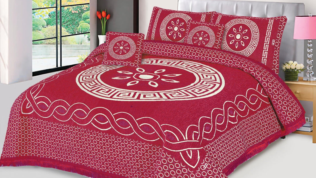 Red  Orbit Velvet Jacuard Bedsheet Set - 02