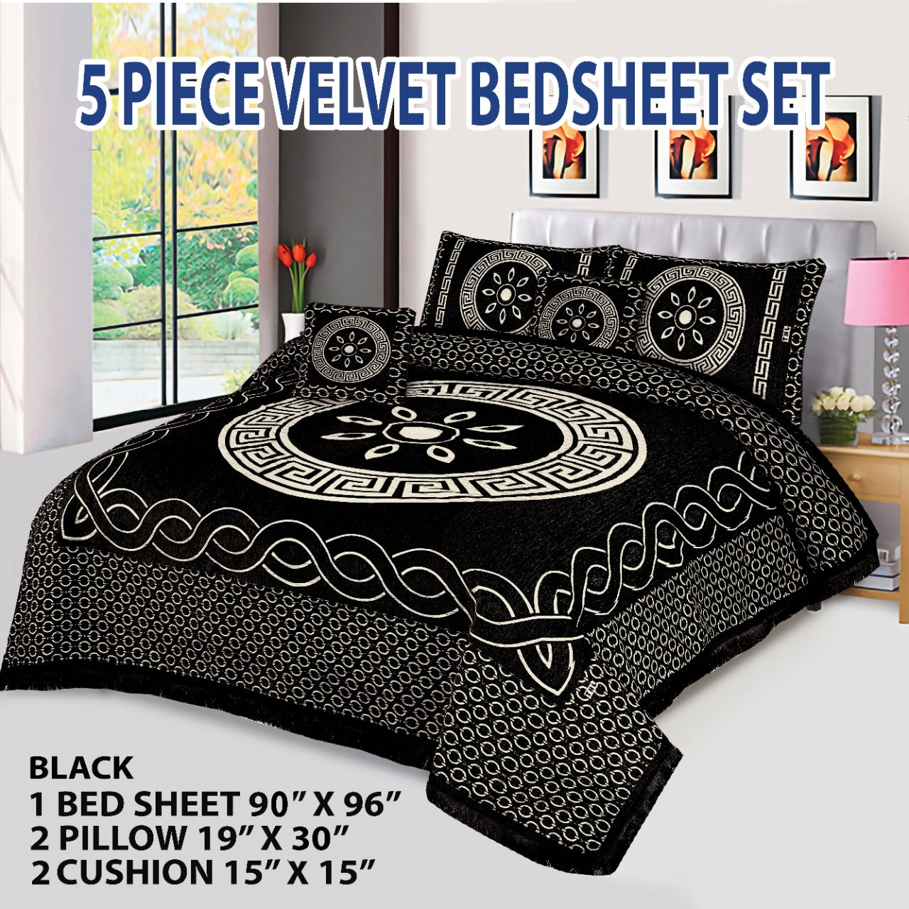 Black  Orbit Velvet Jacuard Bedsheet Set - 03