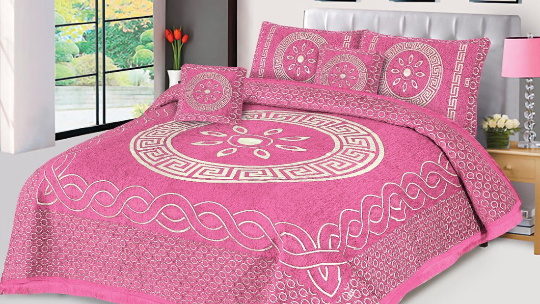 Pink  Orbit Velvet Jacuard Bedsheet Set - 04