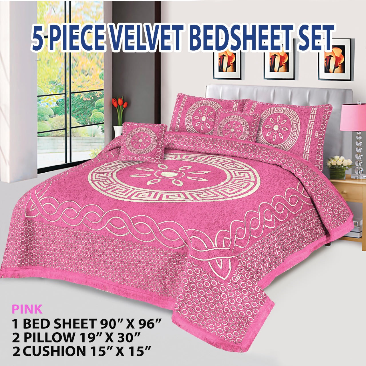 Pink  Orbit Velvet Jacuard Bedsheet Set - 04