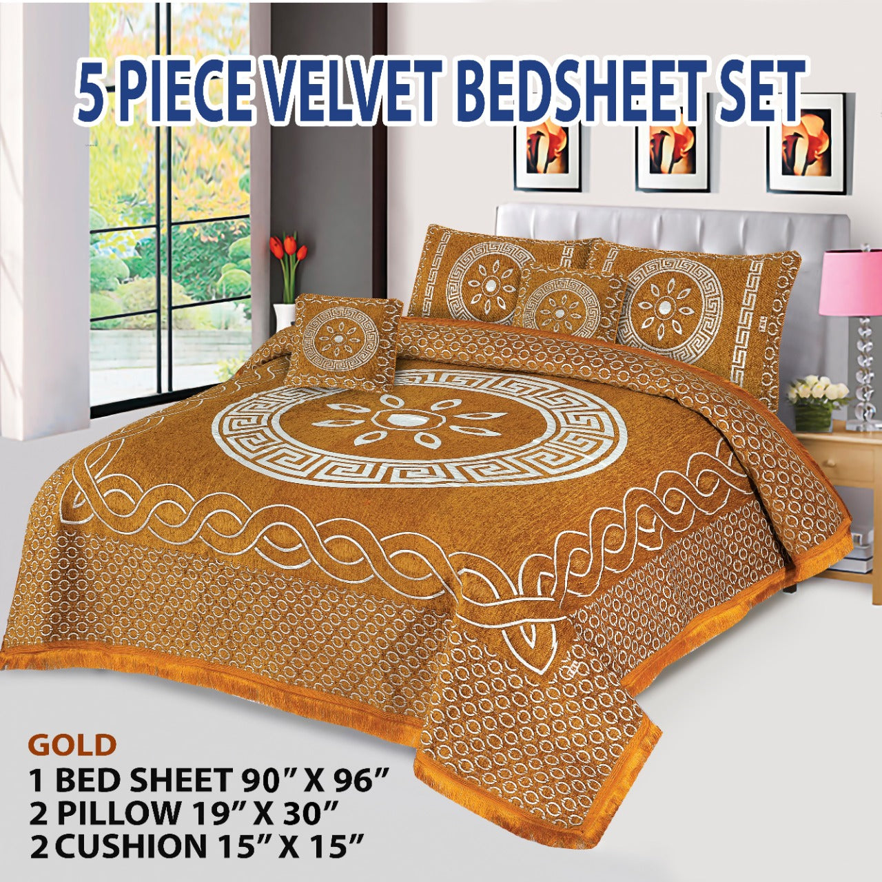 Golden Orbit Velvet Jacuard Bedsheet Set - 05