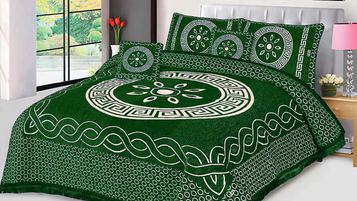 Dark Green Orbit Velvet Jacuard Bedsheet Set - 07