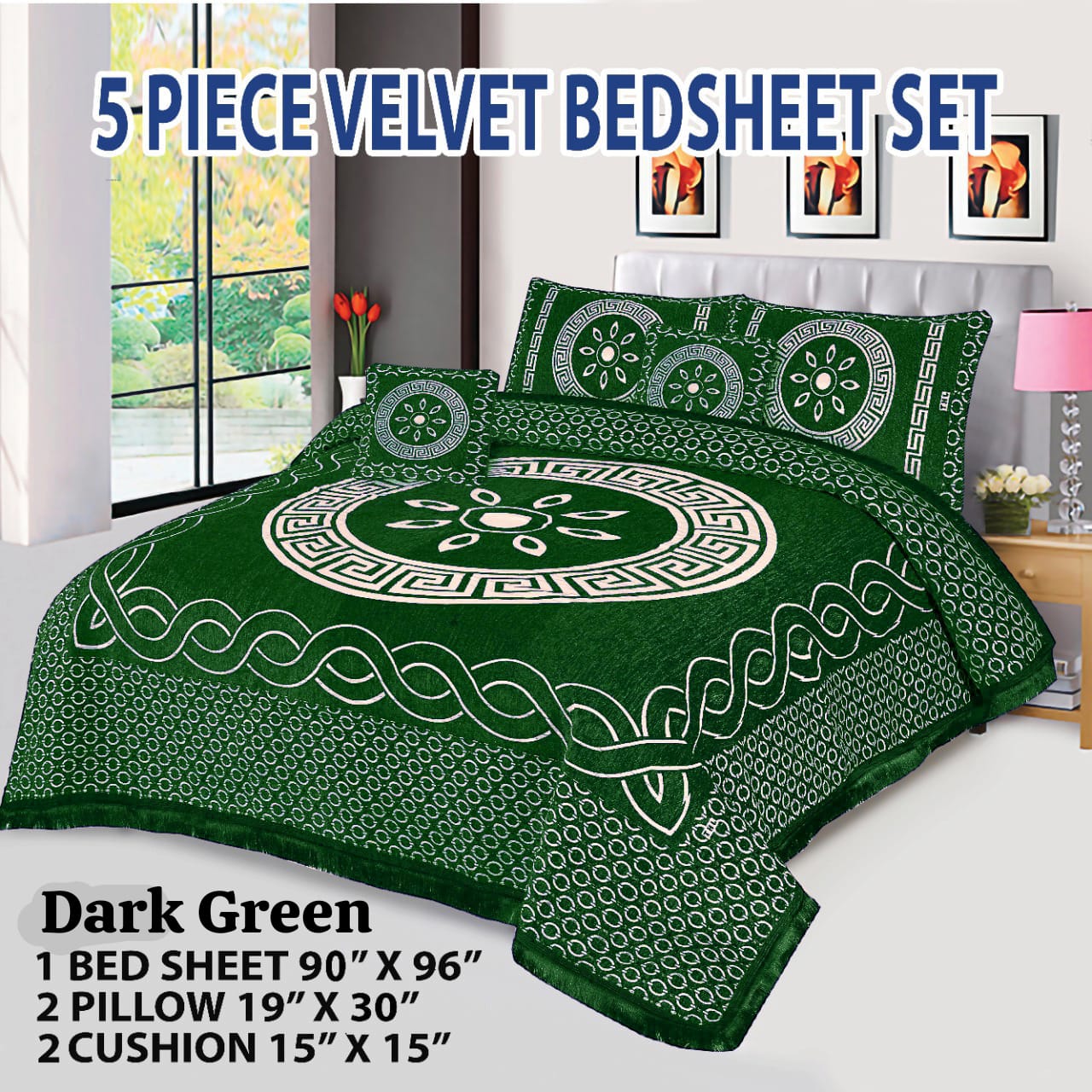 Dark Green Orbit Velvet Jacuard Bedsheet Set - 07