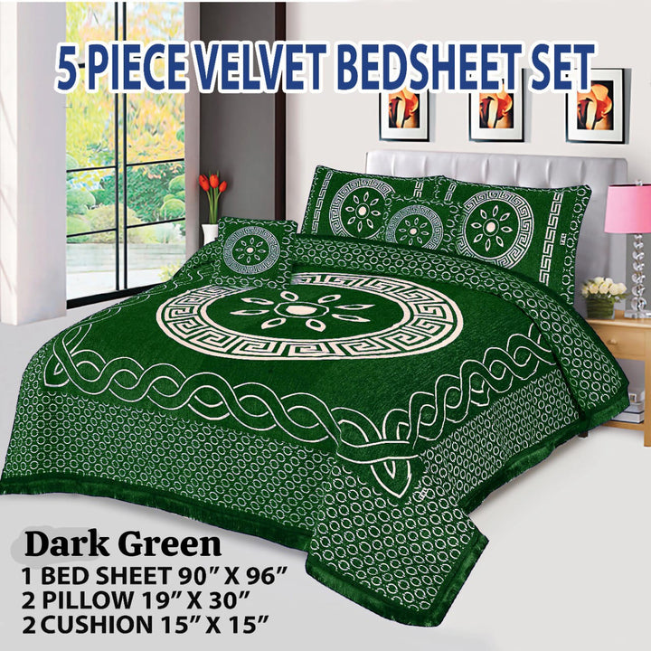 Dark Green Orbit Velvet Jacuard Bedsheet Set - 07