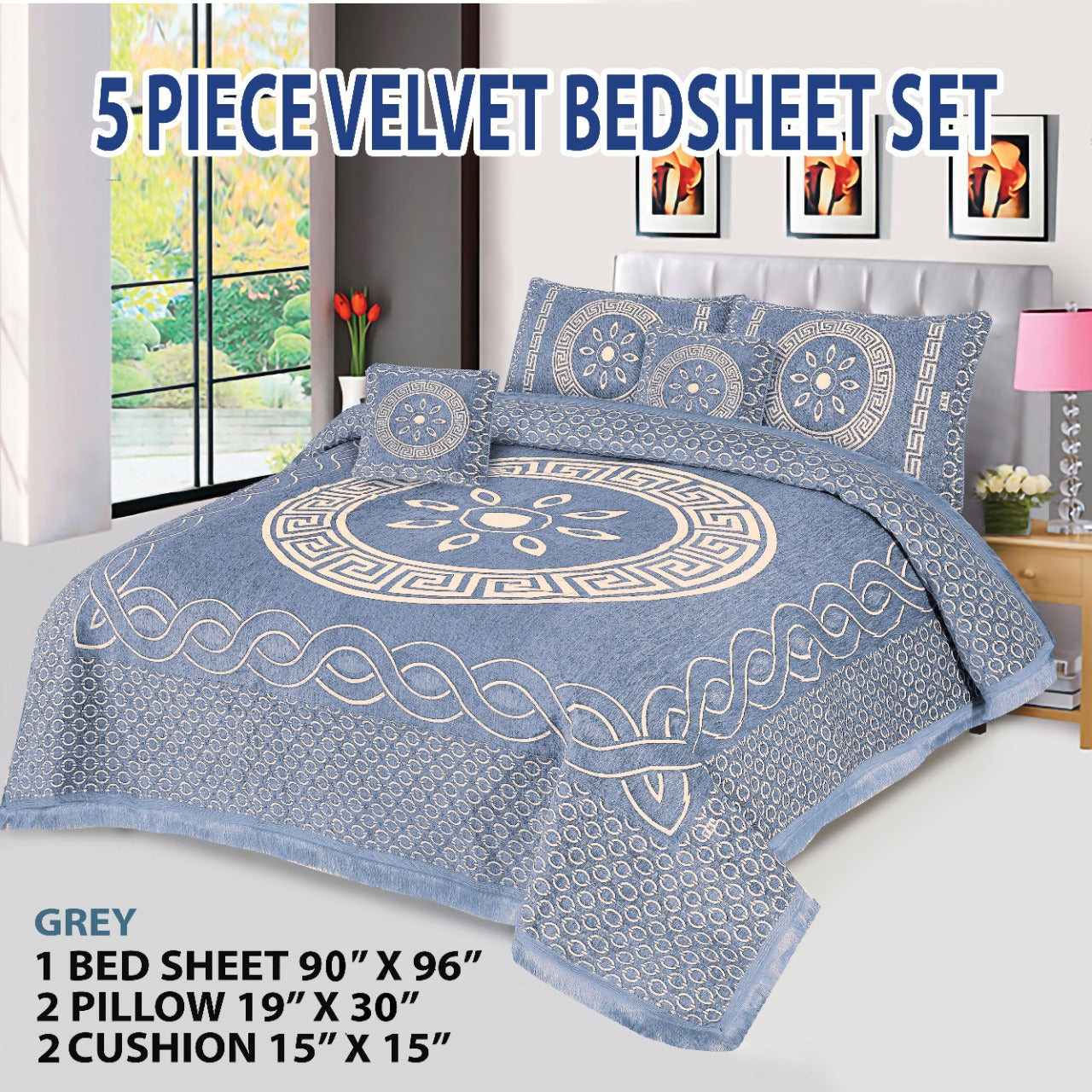 Grey Orbit Velvet Jacuard Bedsheet Set - 08