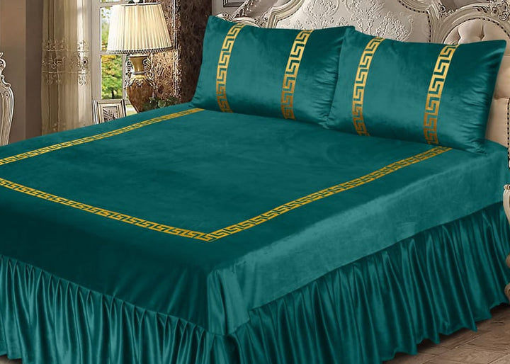 Luxury Velvet Teal Bed Sheet Set with Golden Border 01
