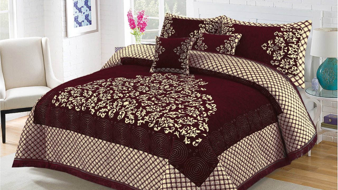 Maroon Turkish Velvet Jacuard Bedsheet Set - 04
