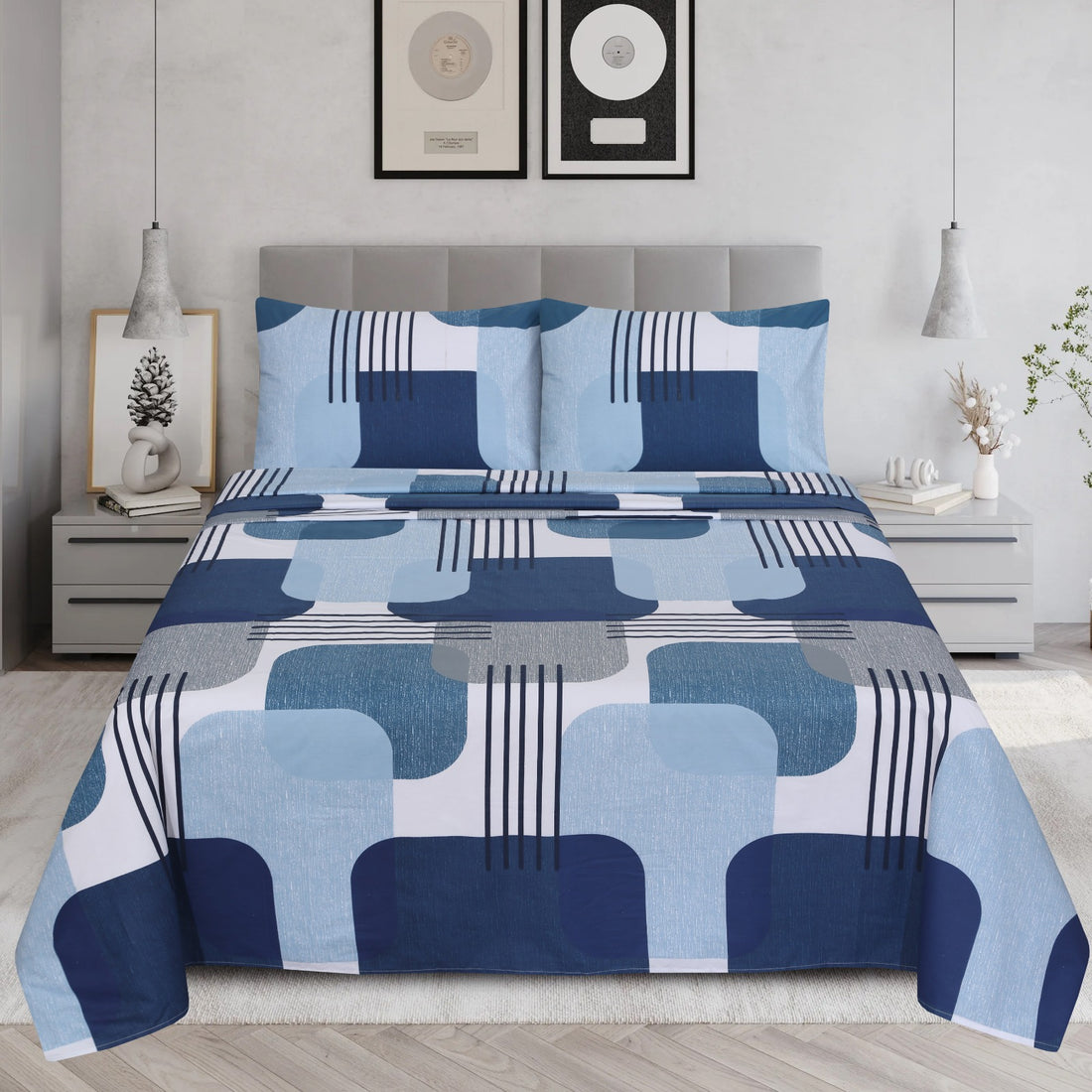 Modern Geometric Blue Cotton Bedsheet Set-BS01